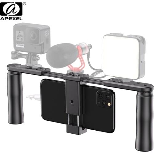 APEXEL Video Stabilizer Single Double Handed Grip Tripod Mount Stand DIY Metal Smartphone Rig For Smartphone DSLR SLR GoPro Vlog