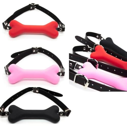 BDSM Cute Solid Leather Harness Mouth Silicone Dog Bone Ball Gag Mouth Plug Couples Flirting Sex Products For Women Couples
