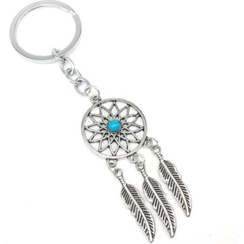 Handmade Craft Dream Catcher Tone Auto Key Chain Silver Ring Feather Tassels Keyring Keychain Car Wall Hanging Decoration Gift