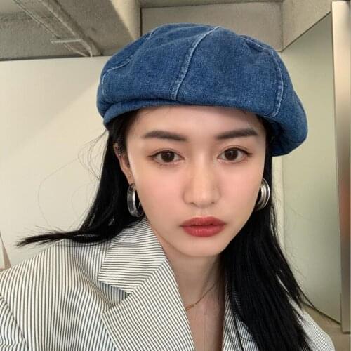 INS Winter Vintage Flat Hats Fashion Big Wide Side Denim Snapback Caps Female Casquette Hat Octagonal Cap For Women Girls