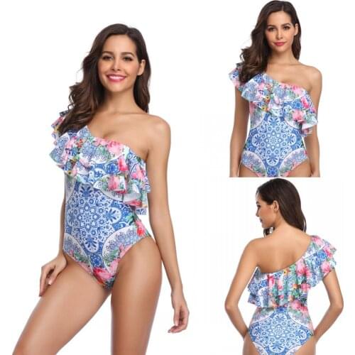 Swimsuit Sexy Ladies Big Ruffled One-Piece Swimsuit One-Shoulder Printed Swimsuit Bikini