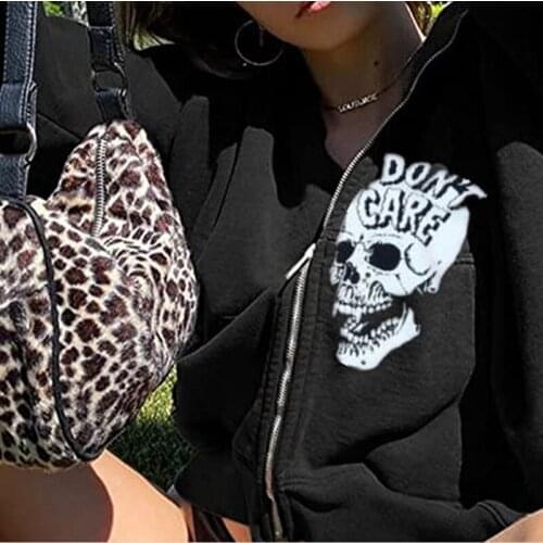 Zip-up Y2K Loose Skull Print Anime Goth Grunge Hooded Jacket Solid Color Retro Harajuku Korean Style Girltop Hoodies Outwear