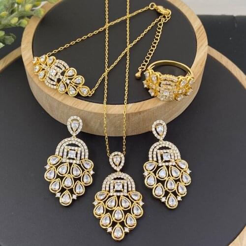 Lanyika Fashion Jewelry Set Peacock tail zircon Micro Inlay Necklace with Earrings, Bracelet and Ring for Woman Banquet Gifts