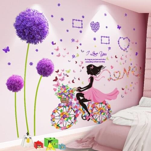Hot Cartoon Fairy Girl Wall Stickers DIY Dandelion Flowers Plant Wall Decals for Kids Room Baby Bedroom Decoration PVC Removable