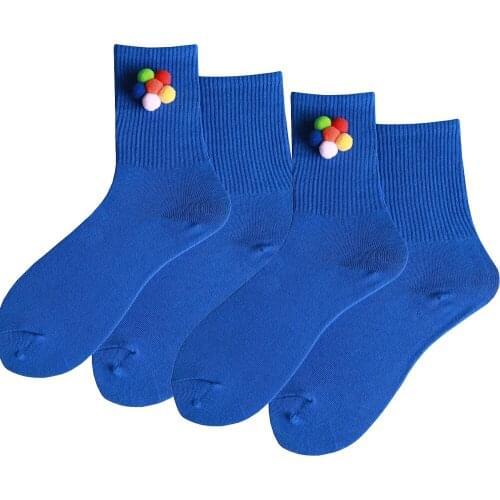 Kawaii Simple and Cute Woman Socks Fashion Cool Personality Fluff Ball Stitching Color Solid Color Cotton Sock