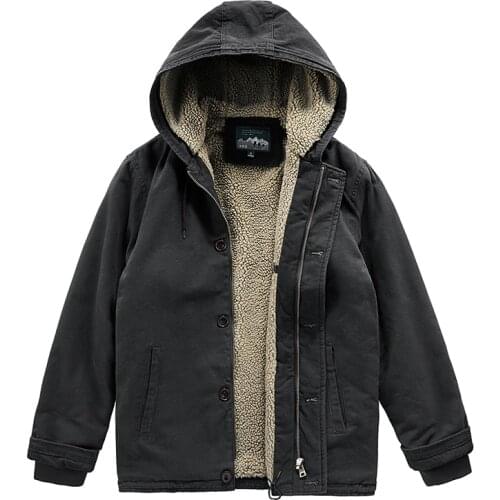2020Winter Mens Jacket Lining Lamb Hooded Can't Detachable 100% Cotton Black Color Casual Coat Outdoor Keep Warm Windbreaker
