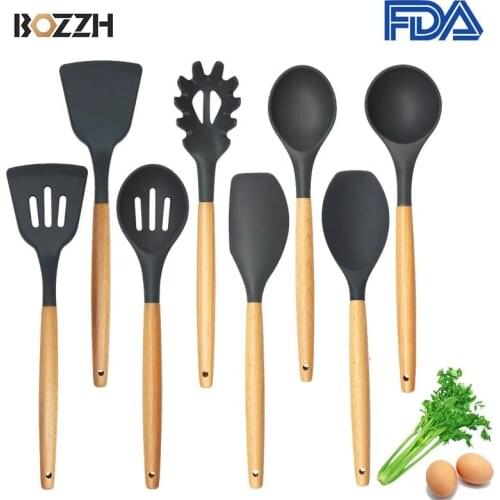 BOZZH Silicone Cooking Utensil Set Wooden Handle Spatula Soup Spoon Ladle Pasta Colander Non-stick Cookware Kitchen Tool