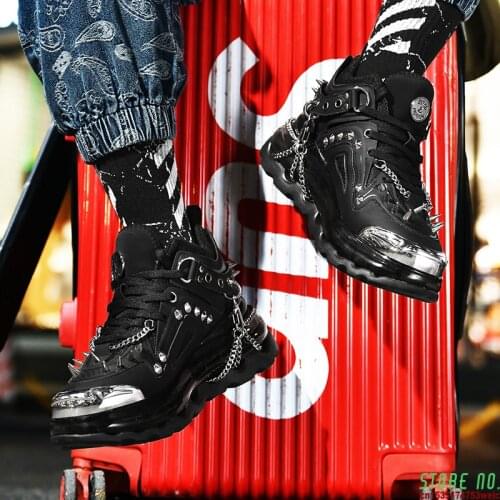 New Trend Retro Mens Shoes Rivet Shoes Punk Sneakers Fashion High-foot Naked Chain Shoes Fashion Mens Shoes