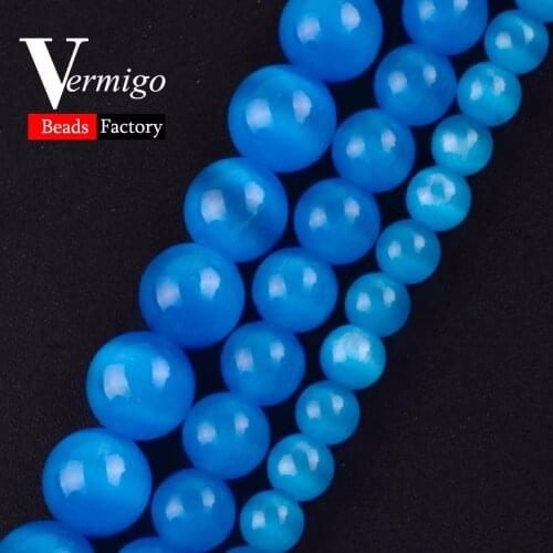 Wholesale Lake Blue Cat Eye Natural Stone Smooth Round Ball Beads For Jewelry Making 6 8 10 12mm Pick Size Diy Bracelet 15"