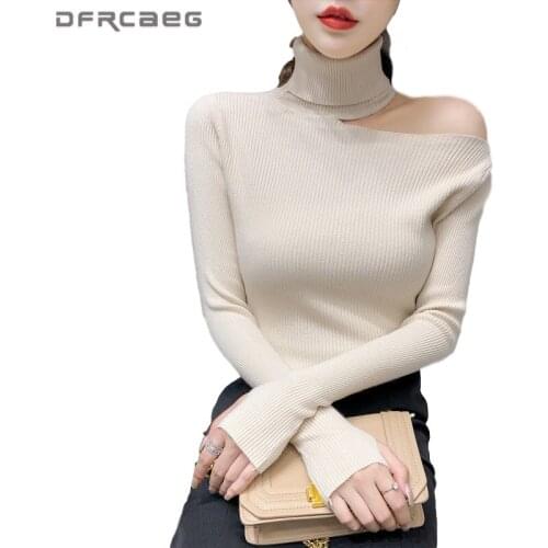 Casual Strench Sexy One Shoulder Knitted Woman Tops 2020 Autumn Long Sleeve Pullovers Knitwear Knitwear Turtleneck Sweaters