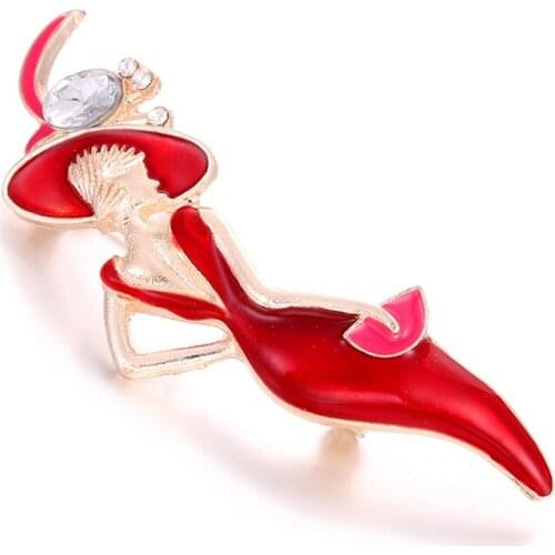 Sexy Lady Brooch 2019 Fashion Wear Big Hat Jewelry Cute Brooches For Women New Blue Red Color Enamel Party Girl Pins