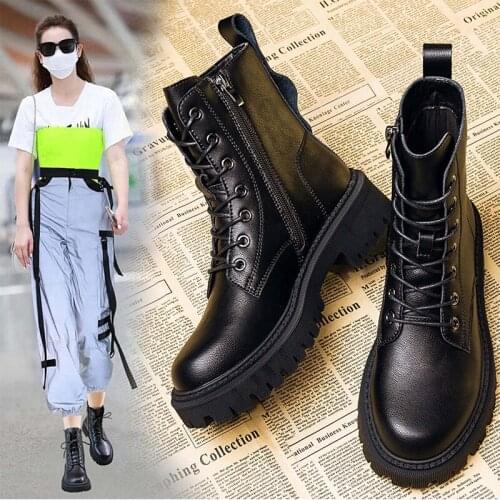 2021 Women Boots Ankle Autumn Winter Boot Chelsea Woman Split Cow Leather Platform Bootie Elastic Band Lady Shoes Mid-high Heel