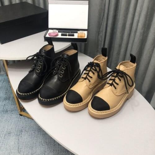 Retro Chain Short Boots Women New Autumn Platform Mixed Colors Round Toe Gesigner Shoes Lace Up Genuine Leather Zapatos De Mujer
