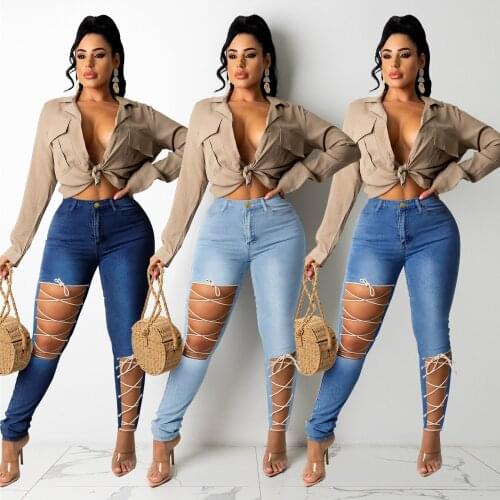 Echoine Plus Size Hight Waist Denim Pants Lace Up Bandage Jeans for Women