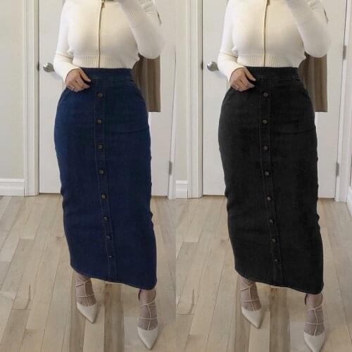 Womens Jeans Long Skirt Faldas Mujer Moda Muslim Bottoms Bodycon Pencil High Waist Ramadan Jupe Longue Femme Spodnica Islamic