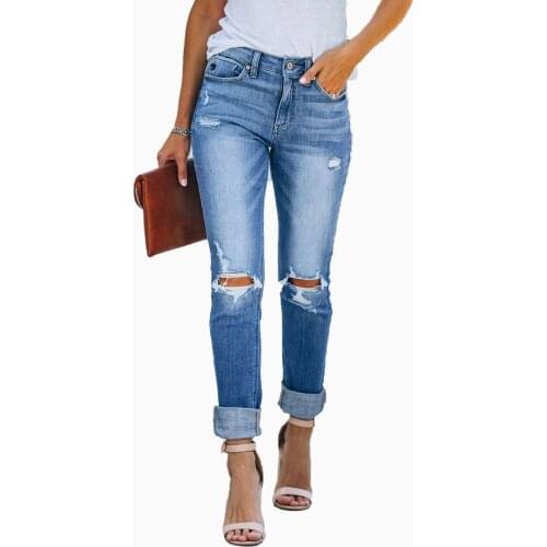 Women’s Korean Slim Fit Jeans Personality Washed Color Ripped Holes Denim Stretch High-waist Pencil Denim Pants Trousers