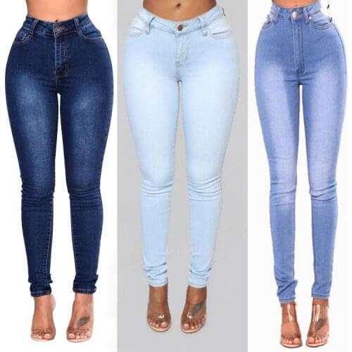 Women high waist casual jeans spring washed bleached distressed jeans ladies solid color stretch skinny denim pants pencil pants
