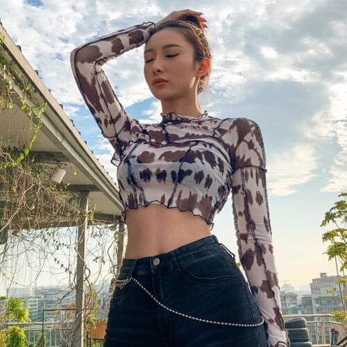 2020 spring summer black mesh patchwork crop tops women long sleeves sexy backless T-shirt fashion vintage stretch tees