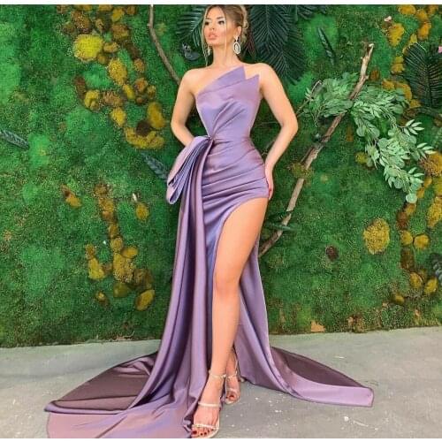 Satin Mermaid Long Scalloped Prom Dresses with High Slit Corset Back Robe De Soiree Floor Length Formal Party Gown for Women