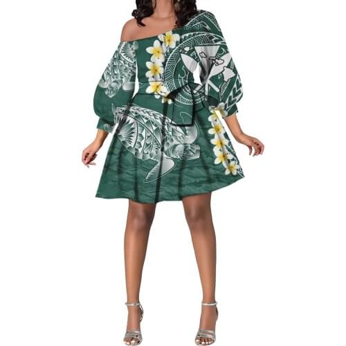 Hycool Lake Blue Polynesian Floral Design Princess Puffy Sleeve Bow Dress 2021 Summer Elegant Off Shoulder Flare Dress For Women