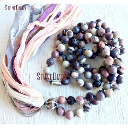 108 Matte Porcelain Jaspers Mala Beads Necklace Healing Meditation Prayer Silk Sari Tassel Yoga Stress Relief Necklace NM11098
