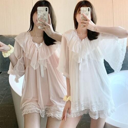 2021 Summer Short Sleeve Sweet Lace Princess Shorts Pajama Sets Women V-neck Sleepwear Pyjama Homewear Pijama Mujer Home Clothes