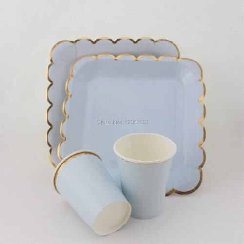 24set Solid Disposable Tableware Party Paper Plates Cups Baby Shower Favor Wedding Table Decorations Pink Blue Mint Yellow