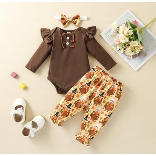 3Pcs Toddler Thanksgiving Outfits, Long Sleeves Romper + Cartoon Turkey Pants + Hairband for Baby Girls, Brown