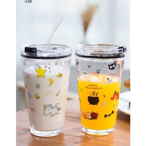 450ml graduated glass Scale milk cup cartoon glass water bottle juice glass with straw drinkware waterfles Drinkware Gifts Set