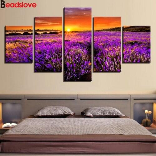 Diamond Painting Sunset Landscape 5 Pieces Lavender Flowers Diamond Mosaic Sale Home Decoration Diamond Embroidery Full Square