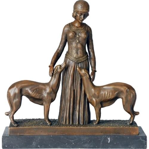 Bronze Statue European Lady with Dogs Sculpture Female Art Hot Casting Natural Marble Base Home Decor