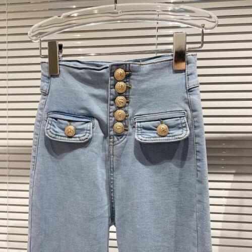 2020 Winter New Double Pocket Metal Button Temperament Celebrity High Waist Elastic Pencil Bottomed Jeans
