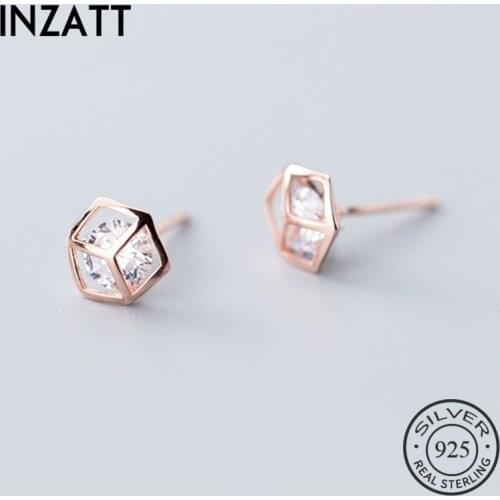 INZATT Real 925 Sterling Silver Zircon Geometry Stud Earrings Fashion Women Fine Jewelry Party Cute Minimalist Accessories Gift