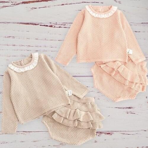 Baby Girls Clothes Set Autumn Winter Chilfren Kids Toddler Long Sleeve Outfit Suit Knitted Wool Ruffle Bloomer With Tops Roupa