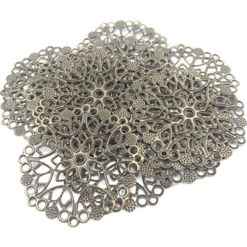 10Pcs Connectors Decoration Bronze Tone Round Flower Filigree Wraps Alloy Jewelry DIY Findings Craft 50mm