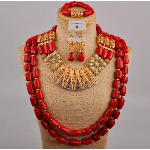 Red Coral Jewelry Beads African Wedding Necklace Bridal Set Costume African Jewelry Set for Bride