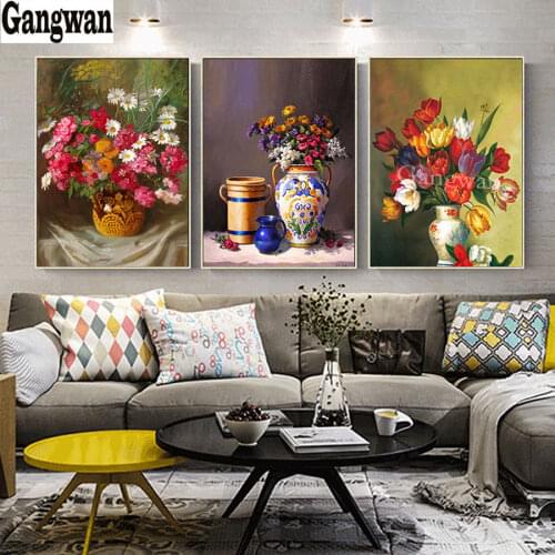 Colorful Flowers in Vase 5D DIY Diamond Painting mosaic diamond embroidery Abstract art full square round rhinestones 3 pcs art