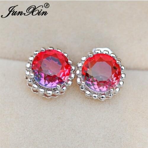 Boho Mystic Rainbow Fire Crystal Round Earrings White Gold Rose Gold Colorful Zircon Ear Stud Earring Wedding For Women Jewelry