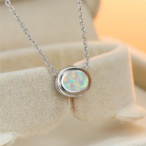 Classic Oval Fire Opal Pendant White/Blue Birthstone Necklaces For Women White Gold Link Chain Necklace Female Wedding Jewelry