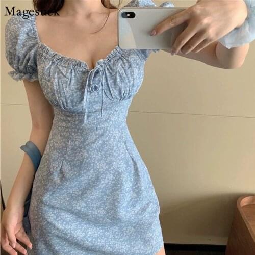 Summer Print Dress Women Vintage Bow Blue Plus Size Mini Dress Sexy Slim Sqaure Collar A-Line Floral Dresses Vestidos New 15269