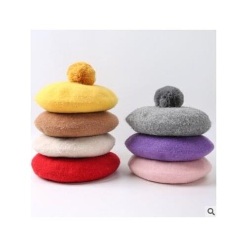 Sweet rabbit hair ball wool sky blue beret painter hat girl mother and daughter