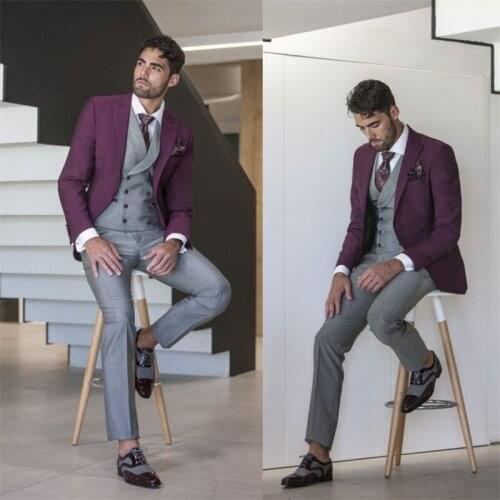 Fuchsia Single-breasted Suit Solid Color Lapel Handsome Men Suit 3 Piece Wedding Business Suits (Coat+Vest+ Pant)