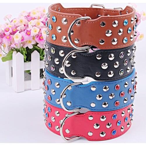 4 Colors Large Dog Collars Leather Dog Collar With Rhinestone Rivet For Golden retrievers mastiffs samoyeds German shepherd Ra