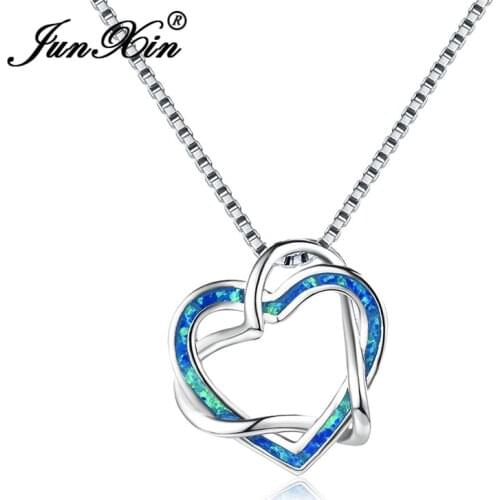 JUNXIN White Gold Filled Love Heart Pendant Necklaces For Women Blue White Fire Opal Infinity Necklace Female Wedding Jewelry