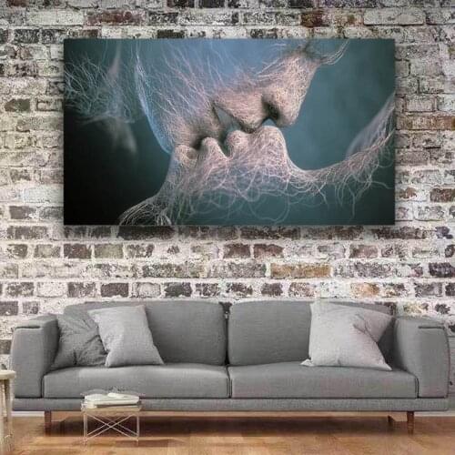 Blue yellow love kiss abstract Wall Art Printed Pictures Nordic Fashion Poster Modern for Living Room