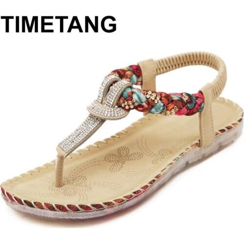 TIMETANG New Arrival Flat Flip Flops Womens Sandals Rhinestone and Print Patchwork Large Size Woman Shoes Summer