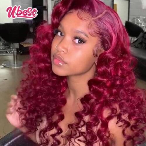 Ubest Burgundy Red Color Kinky Curly Lace Frontal Wig Brazilian Virgin Colored Curly Human Hair Wigs for Women Pre Plucked