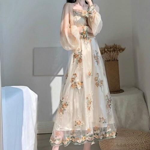 Spring Women Party Dress French Floral Embroidery Lantern Sleeve Lace Mesh Female Fashion Retro Slash Neck Boho Sweet Long Dress