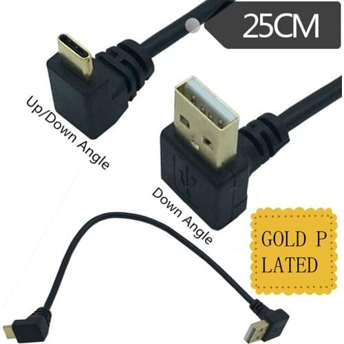 Up & Down Angled 90 Degree Gold-plated USB 3.1 type-c USB Male to USB male Data Charge connector Cable 25cm for Tablet phone