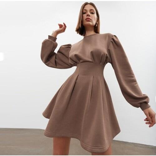 Fitted Waist High Waist Short Skirt Hepburn Wind High Collar Long Sleeve Dress Commuter European and American Fashion Women